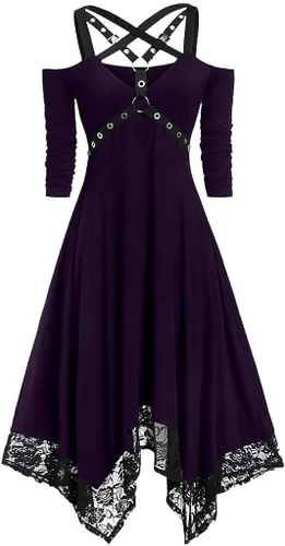 Vista 2 de ZEFOTIM Disfraz medieval para mujer, hombros descubiertos, mangas de murciélago, corsé con volantes, vestido de tubo gótico Cosplay L6242