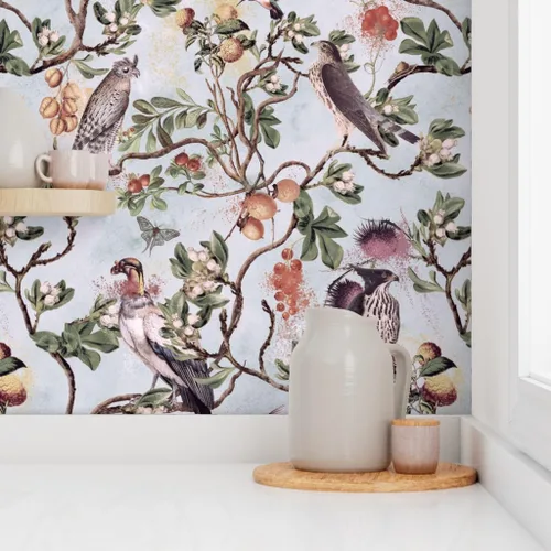 Vista 8 de Muestro de papel tapiz removible – Vintage Birds Acuarela Chinoiserie Antiqued of Prey Blue Green Gray Botánico Personalizado Papel pintado
