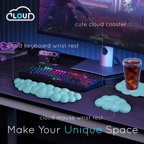 Vista 2 de Reposamuñecas Cloud para teclado y mouse de computadora - Soporte ergonómico de espuma viscoelástica con base antideslizante - Soporte extendido