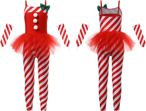 Vista 5 de Traje de baile de Navidad para niñas y niñas, ballet, gimnasia, leotardo de baile, bastón de caramelo, rayas