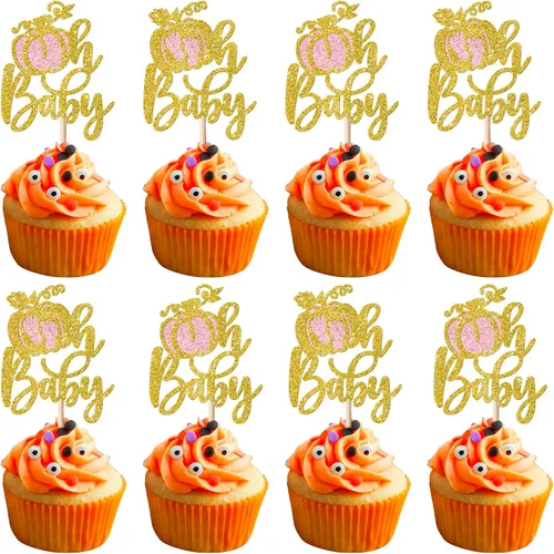 Vista 23 de Paquete de 24 adornos para cupcakes de calabaza con purpurina para cupcakes de calabaza para Acción de Gracias, baby shower, decoración de cupcakes