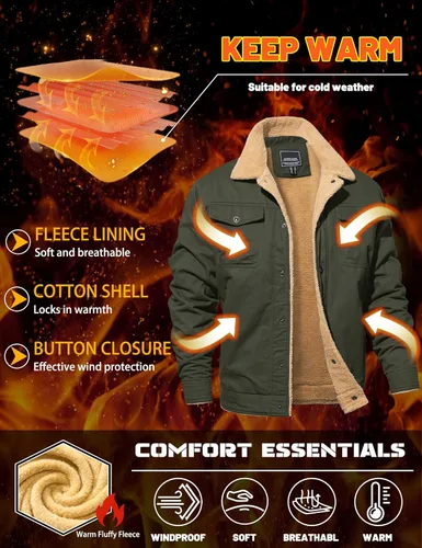 Vista 3 de MAGNIVIT Chaqueta cargo de algodón para hombre, chaqueta de trabajo con forro polar Sherpa de invierno con 5 bolsillos