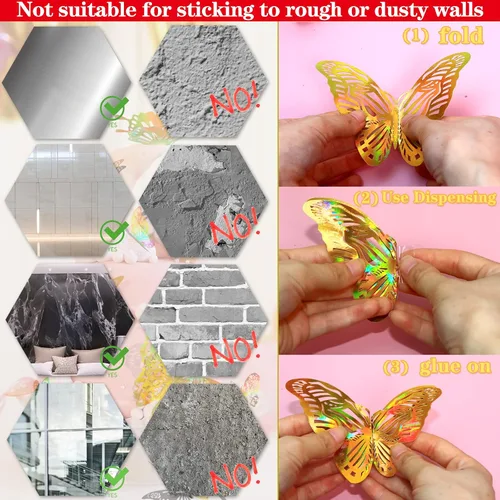Vista 6 de 60 calcomanías 3D iridiscentes de mariposa dorada para decoración de pared Dorado