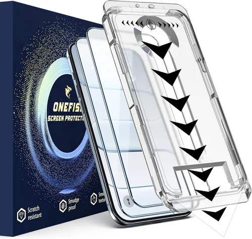 Vista 9 de OneFish Protector de pantalla para iPhone 14Plus/13Pro Max, película de vidrio templado HD Clarity dureza 9H+, con marco de instalación sin