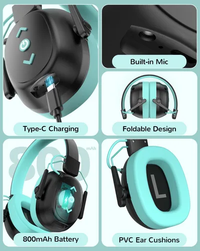Vista 8 de Auriculares con cancelación de ruido para niños, protección auditiva a prueba de sonido, reducción de ruido SNR de 29 dB, orejera Bluetooth 6.0