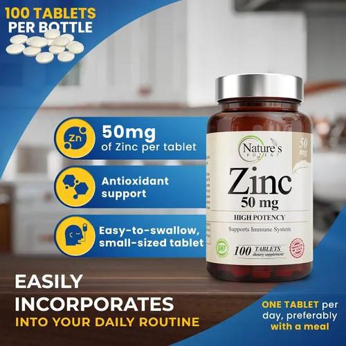 Vista 2 de Suplemento de zinc de 50 mg [alta potencia] - Sistema de apoyo inmunológico de zinc natural (óxido/citrato) 100 comprimidos, fabricado por Nature's