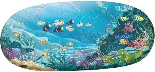 Vista 3 de Mantel ajustable ovalado de poliéster elástico, decoración del océano, paisaje submarino con estampado de peces tropicales, se adapta a mesas