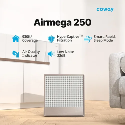 Vista 2 de COWAY Airmega 250 - Purificadores de aire para habitaciones grandes del hogar, hasta 1860 pies cuadrados, prefiltro lavable y filtro HEPA para humo