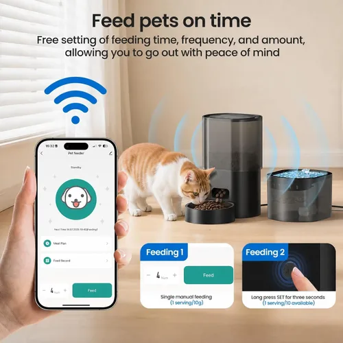 Vista 3 de Alimentador automático para gatos y fuente de agua 5G WiFi dispensadores de comida para gatos, control remoto por aplicación, alimentación