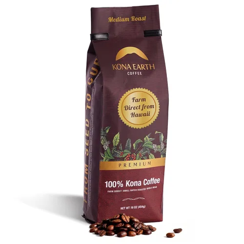Vista 14 de KONA EARTH - 100% Café Kona, Tostado Medio Oscuro Clásico, Grano Entero (227 gramos) Café auténtico Kona hawaiano de la granja, tostado en lotes