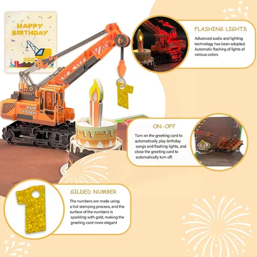 Vista 4 de Tarjeta de Felicitación 3D Desplegable de 1er Cumpleaños con Luz y Música, Tarjeta de Grúa y Camión Para Niño, Sobrino, Nieto, Hijo, Pequeño
