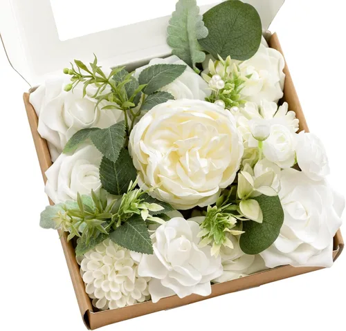 Vista 8 de Ling's moment Caja de flores falsas, tallos de vegetación artificiales artificiales, rosas de espuma, dalia, gardenia, tulipán, flor fábica de seda