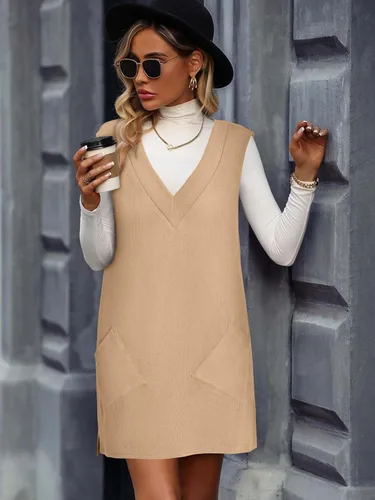 Vista 4 de VETIOR Women's Overall Sweater Vest Winter Spring Dress V Neck Sleeveless Pinafore Dress with Pockets