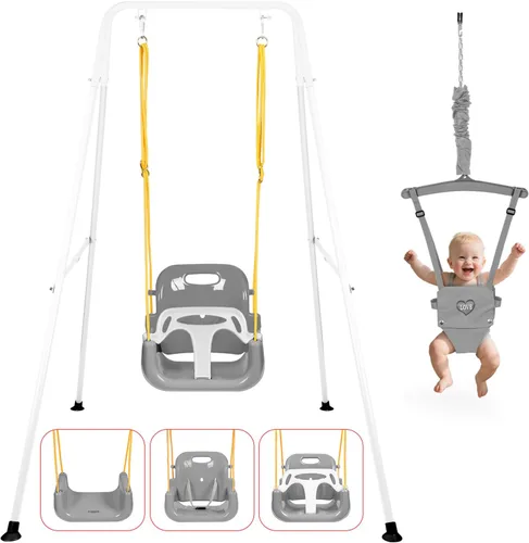 Vista 10 de Juego de columpio 4 en 1 para niños pequeños y jersey para bebé, columpio resistente para niños con rebotador, soporte plegable de metal