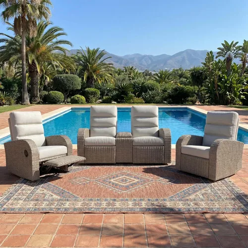 Vista 12 de LayinSun Sillón reclinable giratorio de mimbre de gran tamaño con respaldo ajustable y reposapiés, sillón reclinable para patio Gris