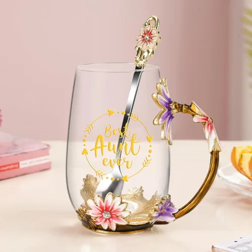 Vista 7 de OEAGO Regalos para tía de sobrina y sobrino Taza de té Regalo genial de cumpleaños Esmalte Flores Vasos de vidrio Tazas de Navidad Día de las Madres