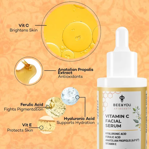 Vista 2 de Bee and You - Suero facial con vitamina C Hidratante antienvejecimiento, reduce la apariencia de manchas oscuras, iluminador de piel brillante