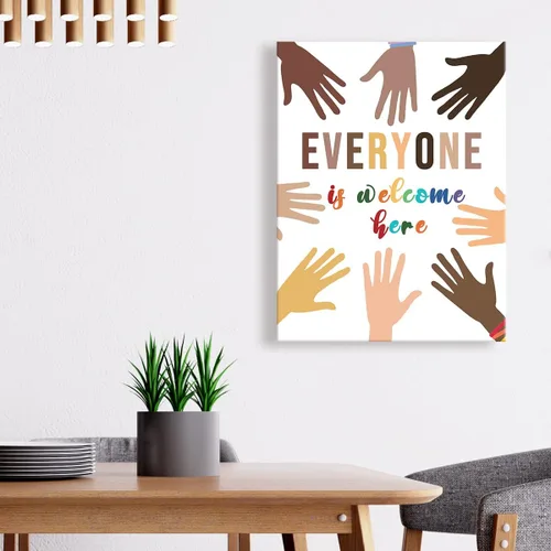 Vista 3 de Lienzo enmarcado con texto en inglés "Everyone Is Welcome Here", decoración de pared de diversidad multicultural para la escuela, aula, guardería