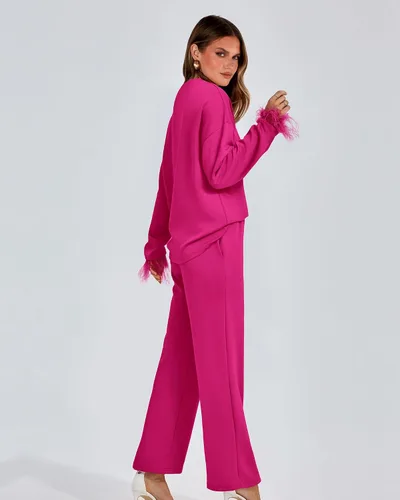 Vista 5 de BTFBM Women Two Piece Outfits 2023 Feather Trim Loose Long Sleeve Pullover Leg Pants Casual Sweatsuit Tracksuits Sets