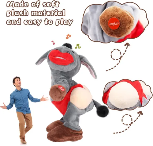 Vista 4 de Emoin - Juguete de burro que baila y canta, juguete de peluche interactivo musical de burro que se mueve, juguetes de felpa electrónicos, regalos