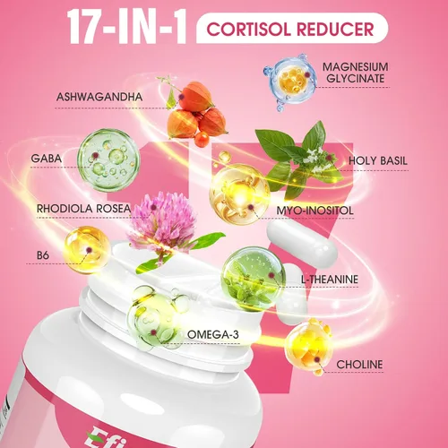 Vista 4 de Reductor de cortisol, suplemento de cortisol 17 en 1 para mujeres, armonía hormonal para mujeres con Ashwagandha, Rhodiola Rosea, glicinato