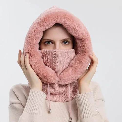 Vista 4 de Gorro de vellón para mujer de una pieza con capucha pasamontañas cálido invierno resistente al viento con cordón