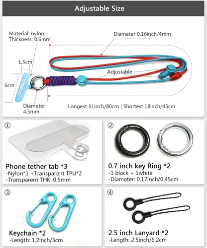 Vista 4 de Cordones para teléfono celular alrededor del cuello, cordón de muñeca para llaves, cordones para insignias de identificación, cordón ajustable