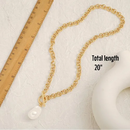 Vista 7 de Collar de eslabones de cadena de oro de 18 quilates para mujer, collar con colgante de perla barrocobrújula