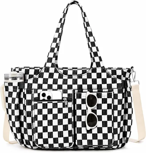 Vista 8 de TOPEAST Corduroy Tote Bag for Women, Laptop Work Tote with Cup Holder Beige-blanco.