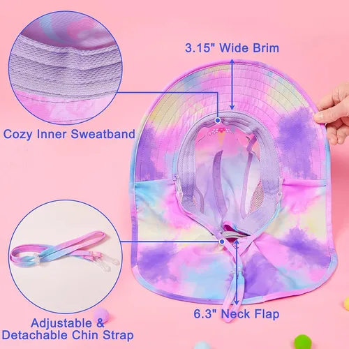 Vista 5 de Sombrero de sol para niños, protección UV, unicornio, verano, playa, sombreros de ala ancha para el cuello para niñas y niños de 2 a 9 años
