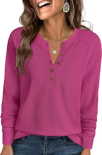 Vista 24 de ANRABESS Camisas de manga larga Henley de punto gofre para mujer Negro