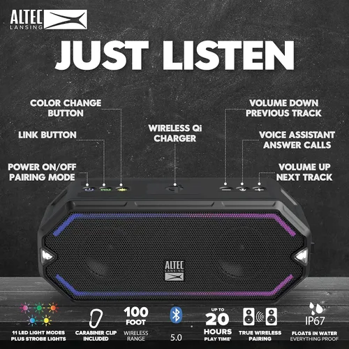 Vista 3 de Altec Lansing - Altavoz Bluetooth portátil inalámbrico HydraBlast, impermeable IP67 para fiestas, altavoces recargables USB C para exteriores