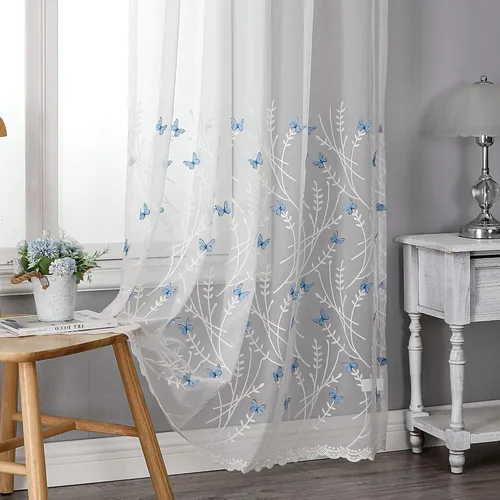 Vista 40 de VISIONTEX 2 paneles de cortinas traslúcidas de 63 in de largo, cortinas de gasa semitransparentes bordadas con hojas florales beige, bolsillo