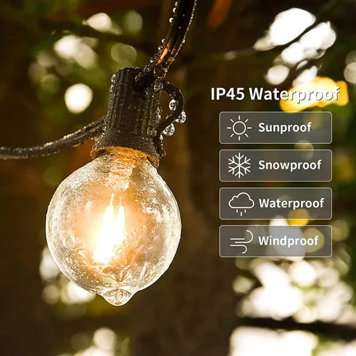 Vista 5 de Tira de luces para exteriores, 50 pies con 27 bombillas LED G40 regulables, inastillables, transparentes, aprobación UL, impermeable, 1 W, 2700 K