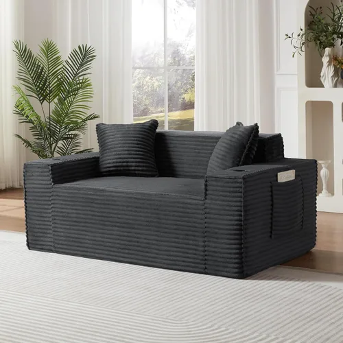 Vista 19 de Sofá sin hueso de 66.5 pulgadas con portavasos y bolsillos laterales, sofá biplaza tapizado de tela de pana moderna con 2 almohadas para sala