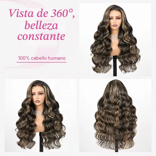 Vista 7 de Juvid Peluca de cabello humano de color balayage FB/27 de 13x6, densidad Pelucas de cabello humano ondulado con encaje frontal de 13 x 6