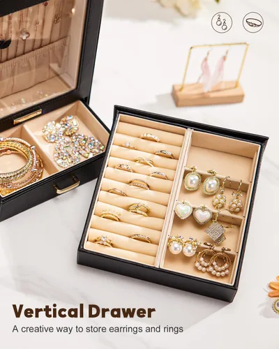 Vista 6 de Homde Organizador de joyas para niñas y mujeres, joyero para collares, anillos, aretes, regalo y pulseras (negro + dorado)