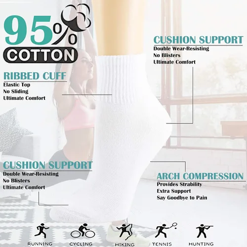 Vista 2 de NevEND Paquete de 6 calcetines deportivos de algodón para mujer con acolchado grueso y transpirable, Blanco