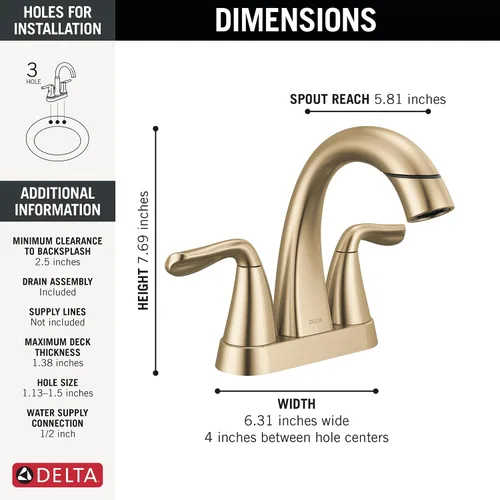 Vista 6 de Delta Arvo - Grifo central de baño extraíble, grifo dorado para lavabo de baño, grifo de baño con rociador extraíble, grifo de baño de 3 agujeros
