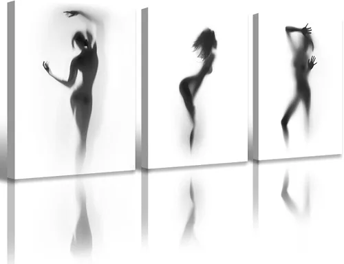 Vista 7 de Arte de pared para decoración de baño, 3 piezas, arte de pared en blanco y negro, pósteres sexys, impresión en lienzo, pintura de silueta nebulosa