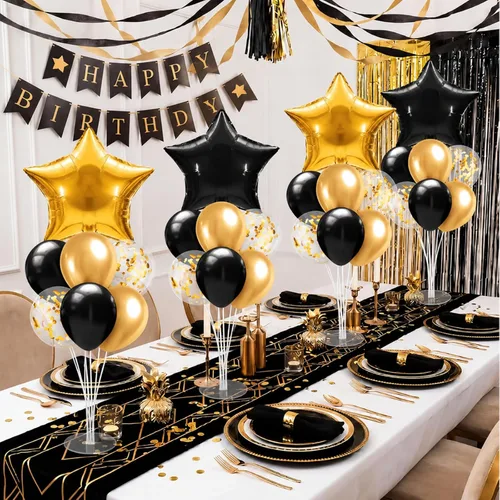 Vista 5 de Lunmon 4 Set Black and Gold Party Decorations Balloon Stand Table Centerpieces for Men's Women's Birthday Wedding Retirement Anniversary Decorations