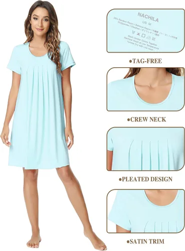 Vista 4 de NACHILA Camisón de bambú para mujer, suave, de manga corta, plisado, cuello redondo, cómodo, para dormir, S-XXG, L