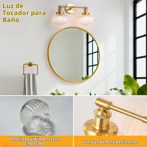 Vista 6 de foucasal Lámpara de tocador de 2 luces, aplique de pared industrial con pantalla de globo rayado transparente, luz de baño para dormitorio, sala