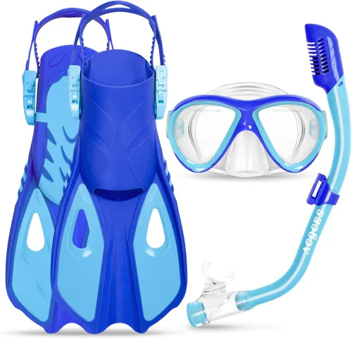 Vista 11 de Snorkeling Gear for Kids Ages 5-15, 4 in 1 Mask Fins Snorkel Set with HD Tempered Glass Panoramic View Anti-Fog Mask, Dry Top Snorkel, Adjustable