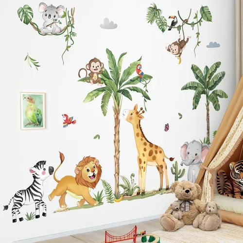 Vista 3 de decalmile Adhesivos de pared grandes de animales de la jungla, diseño de árboles tropicales, calcomanías de pared de animales del safari, jirafa