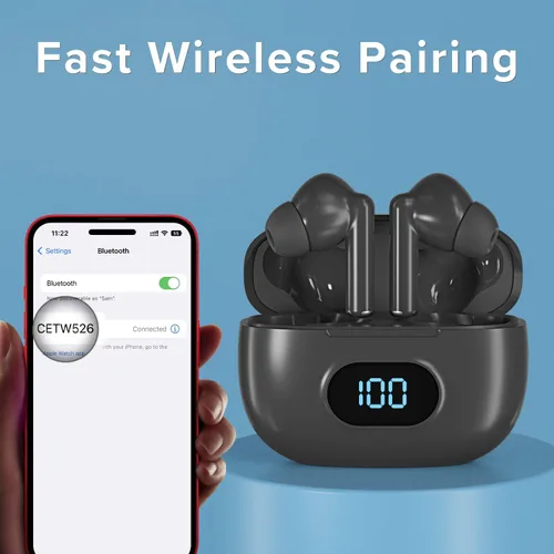 Vista 7 de Coby Auriculares inalámbricos con estuche de carga de lectura de batería LCD, mini auriculares intrauditivos Bluetooth con micrófono integrado, Negro