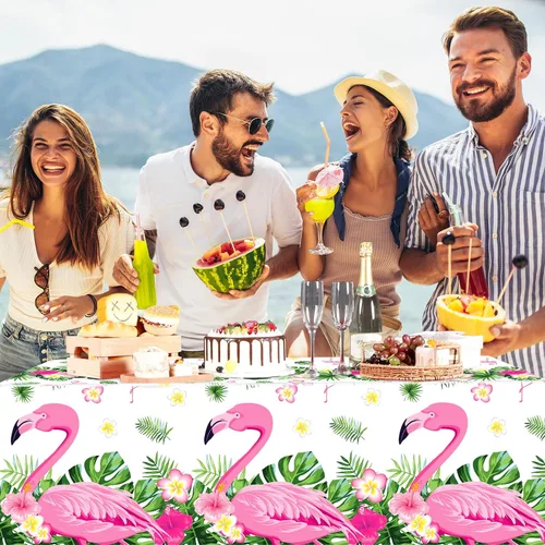 Vista 6 de Preboun 3 manteles de verano con diseño de flamenco para fiestas, mantel de plástico tropical hawaiano, 54 x 108 pulgadas, decoración de mesa rosa