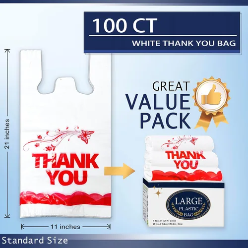 Vista 3 de YoYoRain Bolsas blancas de agradecimiento, 100 bolsas para camisetas, bolsas para llevar, bolsas de comestibles, reutilizables y desechables