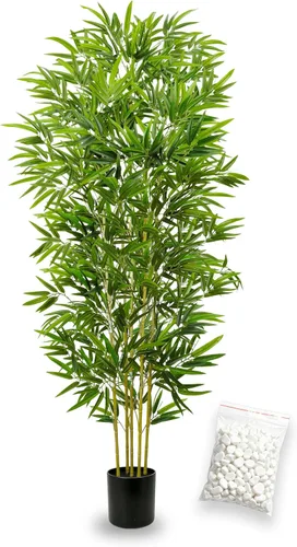 Vista 11 de Árbol artificial de bambú de 5 pies con maceta negra, plantas de bambú para exteriores e interiores, hojas falsas de aspecto natural, tallos