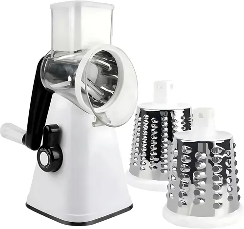 Vista 2 de Rallador rotativo de queso, rebanador de verduras de mandolina de cocina con 3 cuchillas intercambiables, fácil de limpiar rallador giratorio